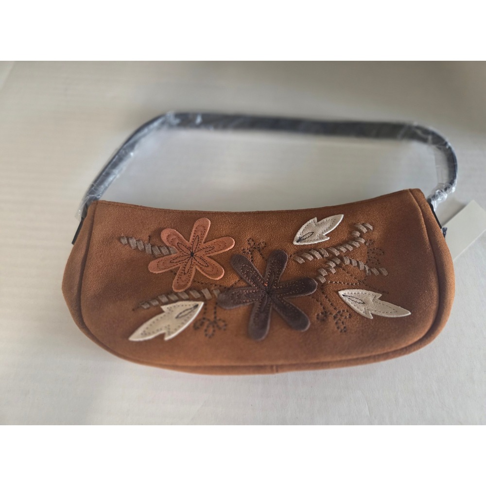 Unbranded Brown Suede Floral Embroidered Baguette Shoulder Bag with Coin Purse